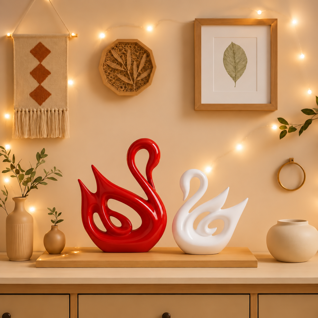 Lucky Swan Couple Red and White Piano Finish Ceramic Figurines for Home Decor