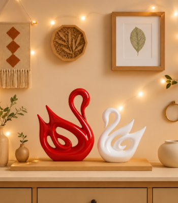 Lucky Swan Couple Red and White Piano Finish Ceramic Figurines for Home Decor