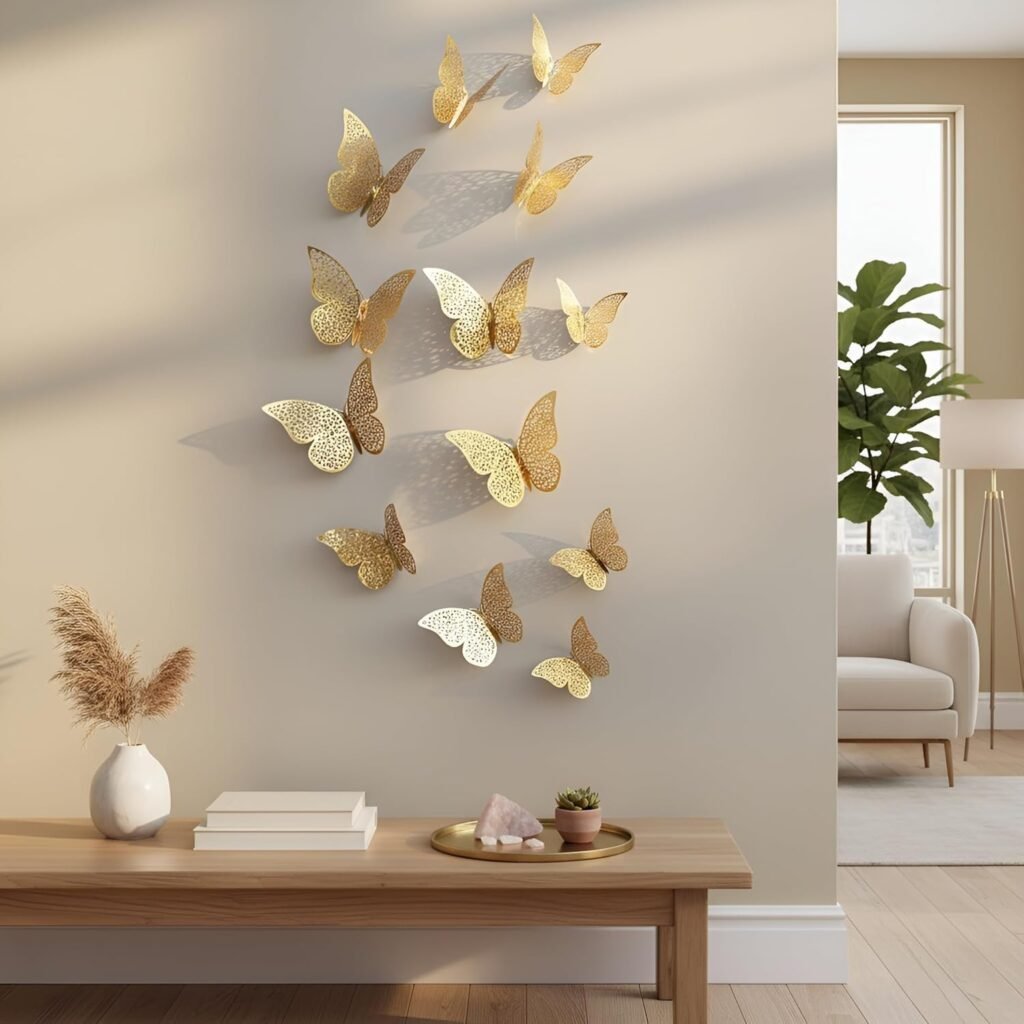 Set of 12 Shimmer Golden 3D Butterfly Wall Stickers for Home Decoration