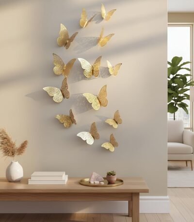 Set of 12 Shimmer Golden 3D Butterfly Wall Stickers for Home Decoration