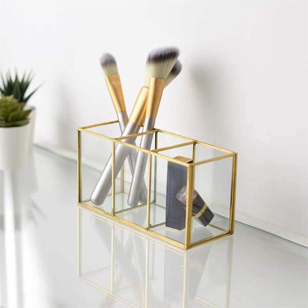Metal and Clear Glass Cosmetic Organiser with 3 compartments and Beautiful Gold Colour Decorative Cosmetics Holder Beauty Display