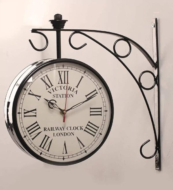 London Vintage Victoria Metal Double Sided Station Analog Wall Clock With Dial (White Dial, 8 Inches)