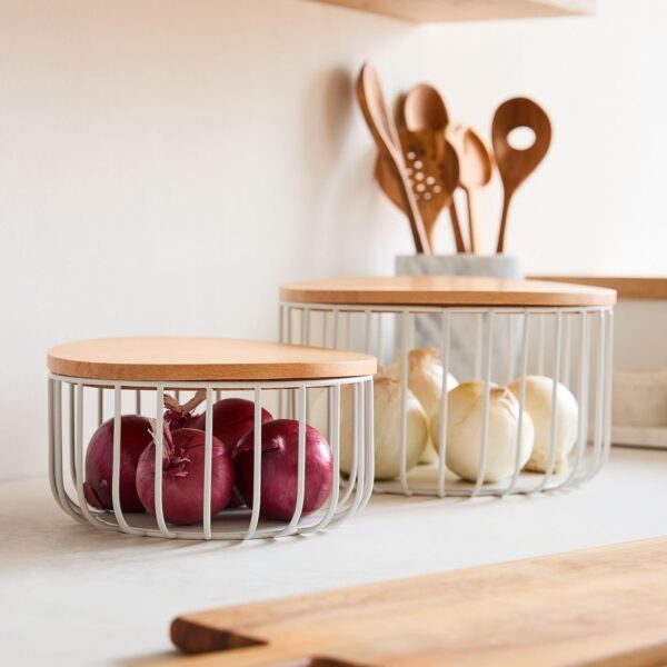 Nested Wire Wood Baskets Trays Grey Finish for Storage Fruit Vegetable Kitchen Pantry Organizer Rust Free Resistant Metal Set of 2