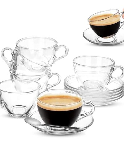 Roma Glass Tea Cup and Saucer Set – 12 Piece Elegant Glassware