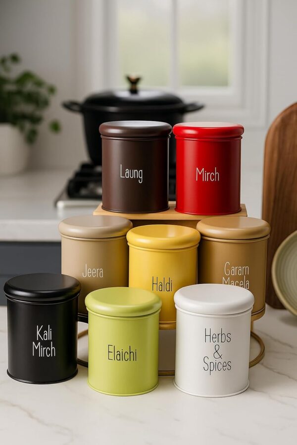 Durable mild steel spice container set with multicolor design for Indian kitchen