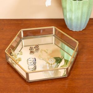 Elegant hexagonal glass tray with brass rim and mirrored base for luxury decor