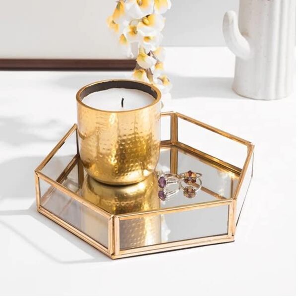 Compact gold glass tray – decorative organizer for perfumes, plants, and candles