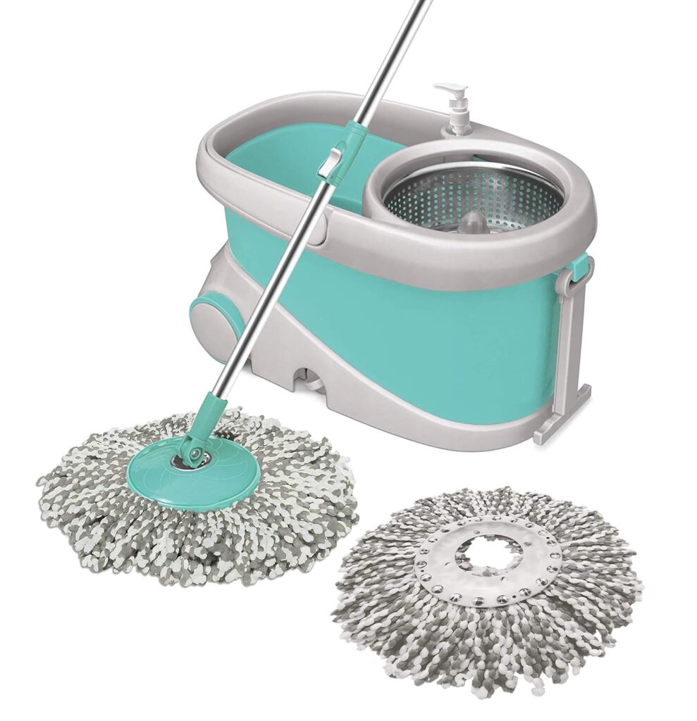 Prime stainless steel wringer spin mop with bucket, big wheels and puller handle