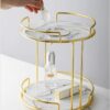 Shiny gold tier metal rack with removable marble tray for stylish storage