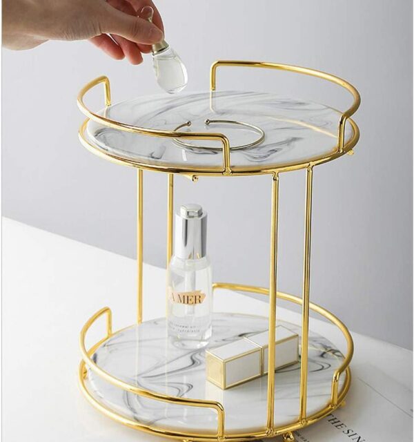 Shiny gold tier metal rack with removable marble tray for stylish storage