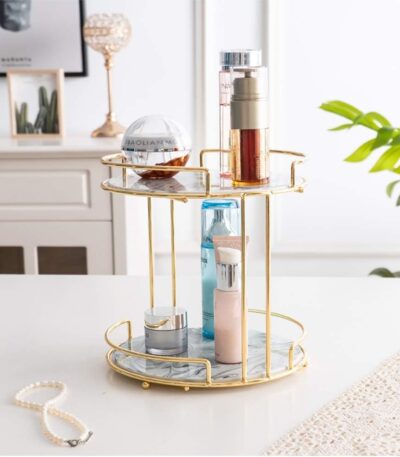 Elegant gold wire tier stand with marble base for kitchen and vanity organization