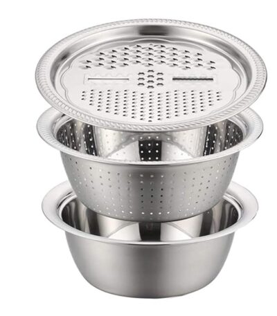 All-in-One 3-in-1 Stainless Steel Vegetable Slicer, Grater, and Mixing Bowl