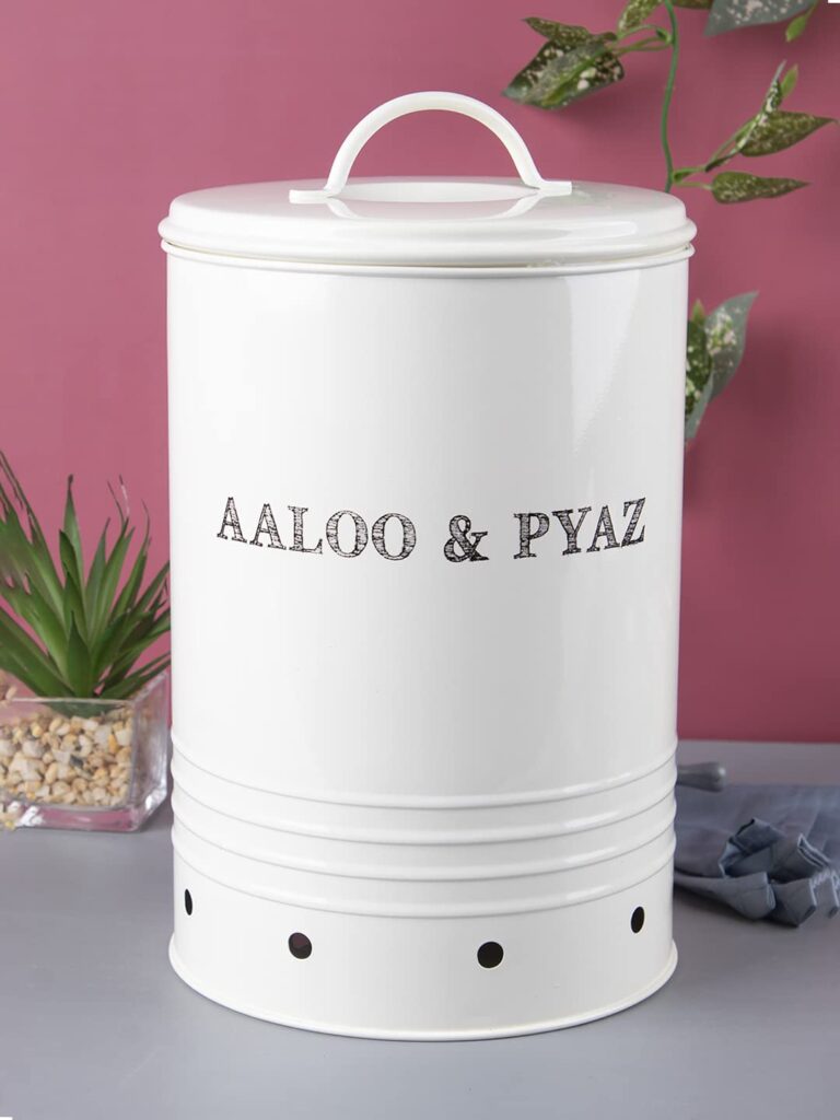 White mild steel potato and onion storage jar with freshness lock