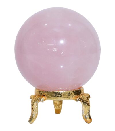 Rose quartz gemstone sphere ball with decorative metal stand