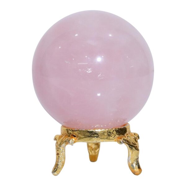 Rose quartz gemstone sphere ball with decorative metal stand