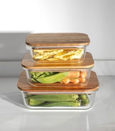 Borosilicate Glass Kitchen Containers with Airtight Wooden Lid for Fresh Food Storage