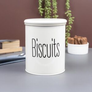 Off-white metal biscuit storage jar with airtight lid