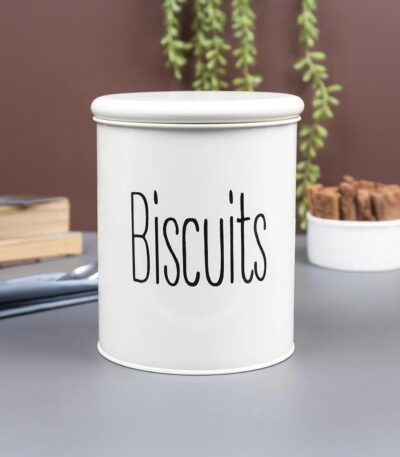 Off-white metal biscuit storage jar with airtight lid
