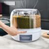 Multi-grid rotating dry food dispenser for rice, oats, lentils, and snacks