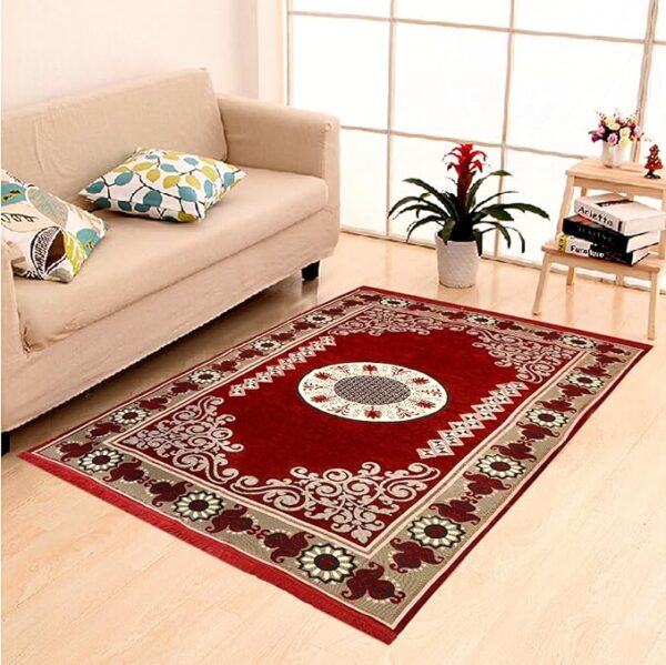Ethnic velvet touch abstract chenille carpet in maroon shade