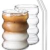 Round Wave Shape Coffee Glass Tumbler with Straw for Hot and Cold Drinks