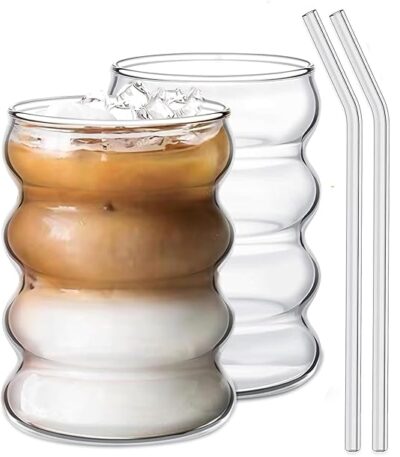 Round Wave Shape Coffee Glass Tumbler with Straw for Hot and Cold Drinks