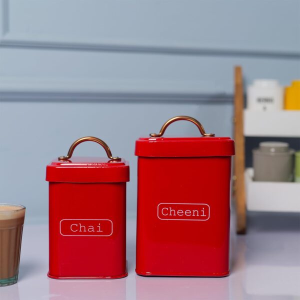 Matching red chai and chini kitchen storage jar set