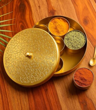 Handcrafted copper masala box set with spoon for kitchen