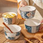 Blue ceramic bowls set for kitchen, microwave and oven safe, durable design
