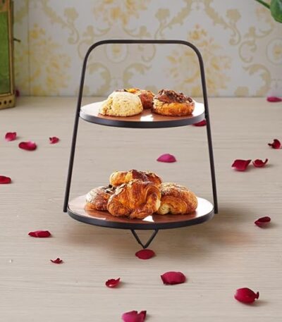 Rustic 2-tier wooden and metal fruit and vegetable storage rack for kitchen