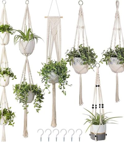 Traditional macrame cotton plant hanger in natural white with nursery pot