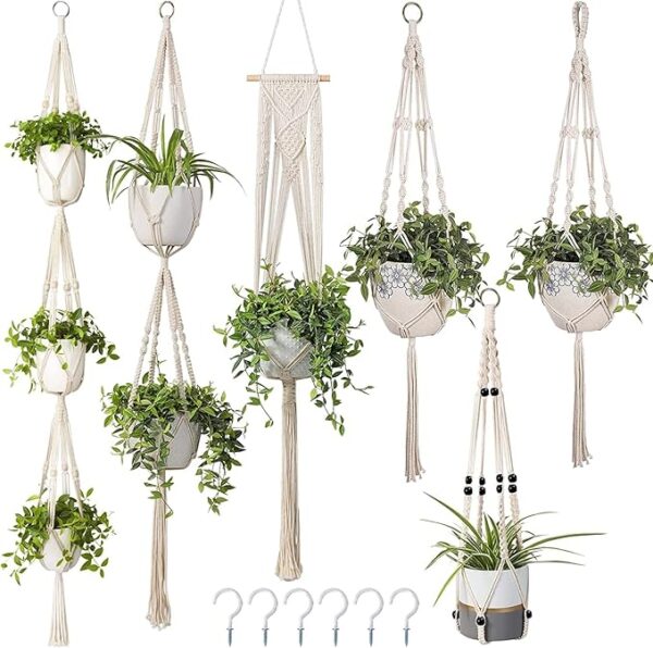 Traditional macrame cotton plant hanger in natural white with nursery pot