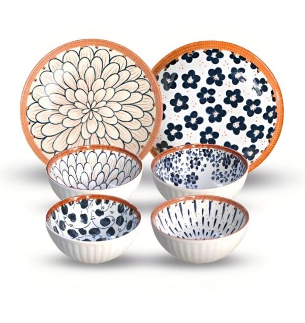Porcelain dinner plates and bowls in Japanese floral design