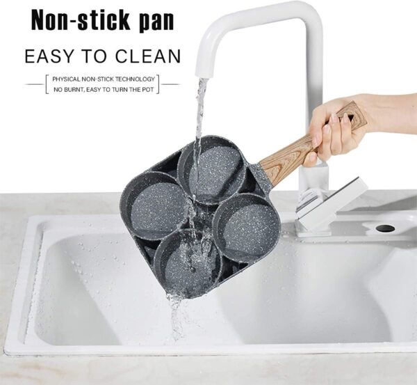 Easy-clean nonstick pancake pan with four cups on a gas stove
