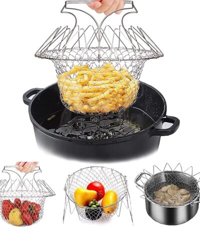 Foldable Steam Rinse Deep Frying Basket for easy cooking and steaming