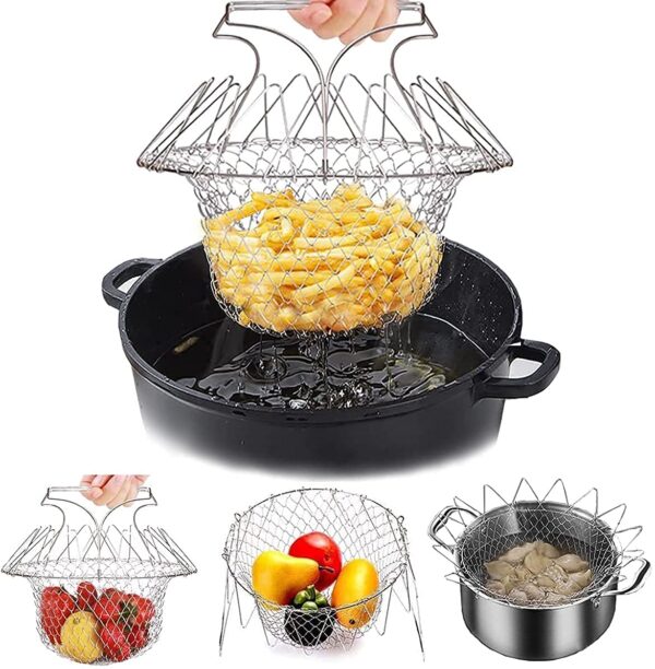 Foldable Steam Rinse Deep Frying Basket for easy cooking and steaming