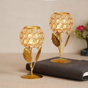 Crystal gold plated flower tealight candle holder for home décor