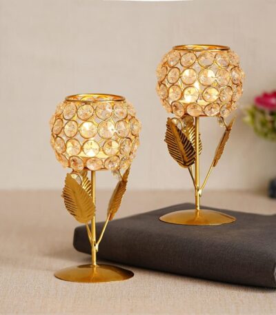 Crystal gold plated flower tealight candle holder for home décor