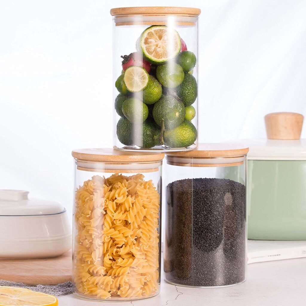 Transparent 1000ml glass food storage containers with bamboo lids