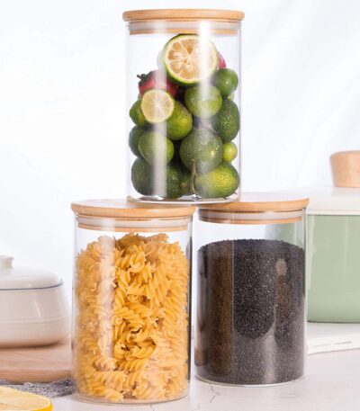 Transparent 1000ml glass food storage containers with bamboo lids