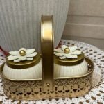 Golden gift hamper with handcrafted basket and 2 decorative jars