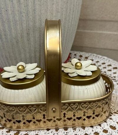 Golden gift hamper with handcrafted basket and 2 decorative jars