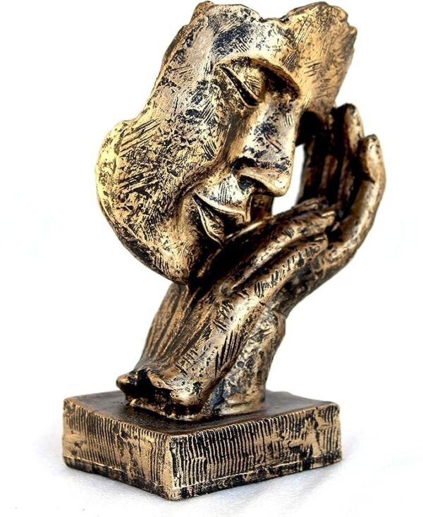 Unique resin sculpture of a thinking human face resting on hand, perfect