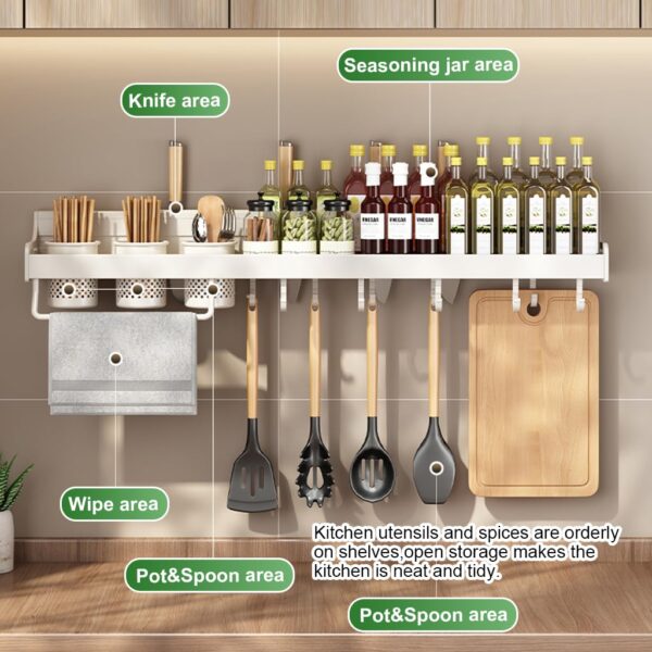 Wall mounted spice and utensil rack with aluminium body and hooks