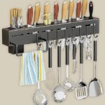 Stainless steel floating kitchen shelf with wall-mounted knife holder