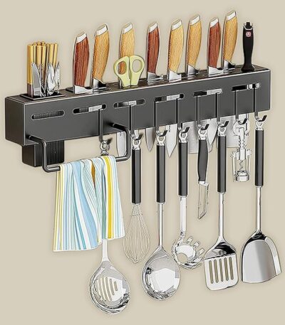 Stainless steel floating kitchen shelf with wall-mounted knife holder