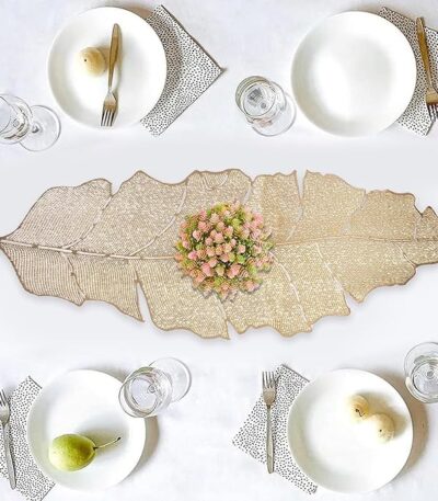 Elegant golden leather table runner for dining table centerpiece