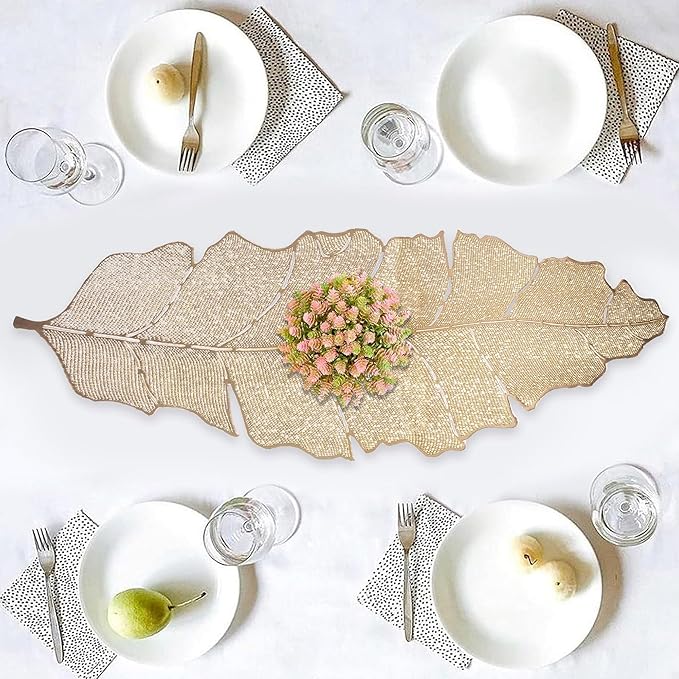 Elegant golden leather table runner for dining table centerpiece