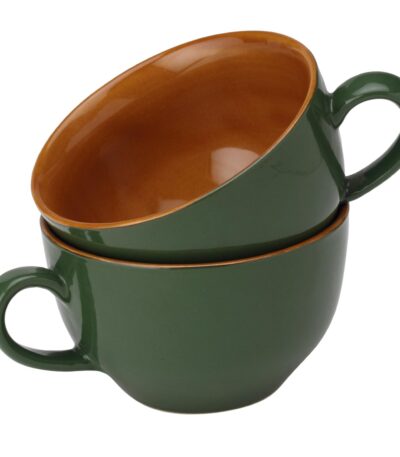 Wide ceramic mug with large handle for soup and coffee, microwave safe