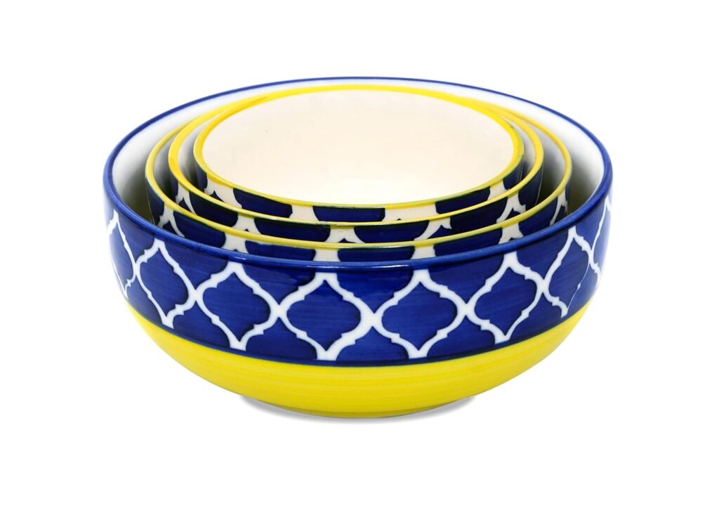 Yellow and blue Moroccan ceramic serving bowl set for kitchen